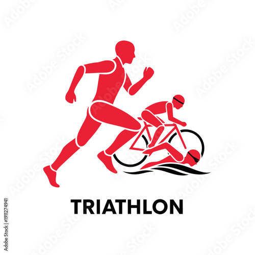 Dynamic Red Silhouette Depicting Triathlon Athletes in Action Against White Background