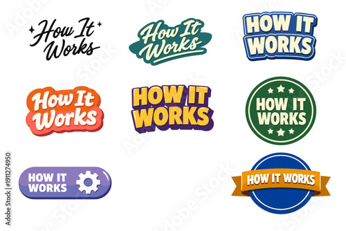 Colorful how it works text designs collection with icons and styles