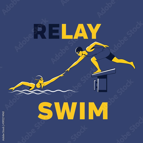 Dynamic Relay Swim: Illustration of Athletes Exchanging a Touch in Competition and Teamwork