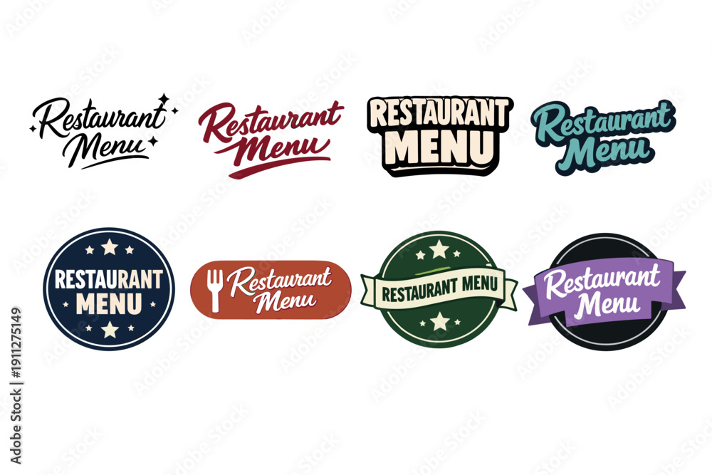 Obraz premium Variety of colorful restaurant menu designs in different styles and fonts