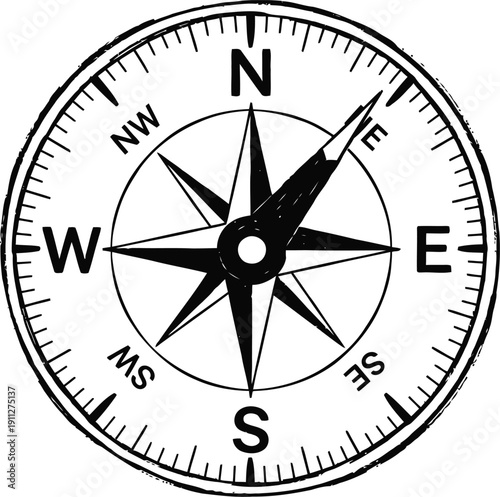 Vintage hand drawn compass rose illustrating cardinal directions