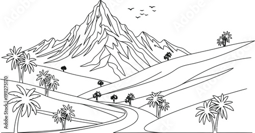 Hand drawn sketch of a majestic mountain landscape with winding paths