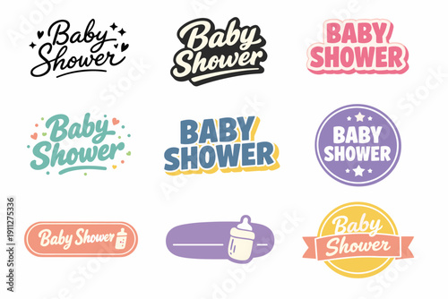 Colorful baby shower badge set with cute bottle designs