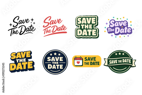 Variety of save the date designs featuring bold typography and decorative elements