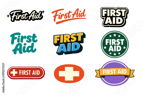 Nine diverse first aid logos featuring various styles and colors