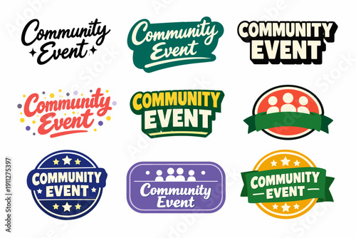 Colorful community event logo designs in various styles and fonts