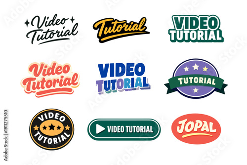 Colorful video tutorial logo designs with diverse typography styles