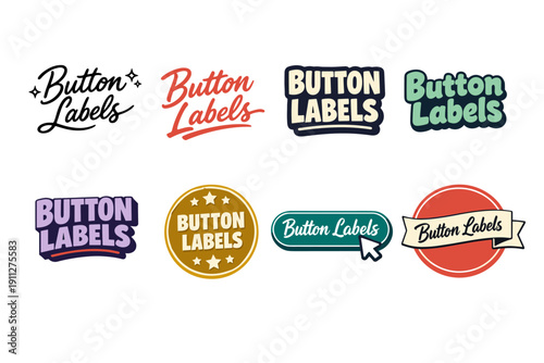 Collection of stylish button labels in various typography and colors