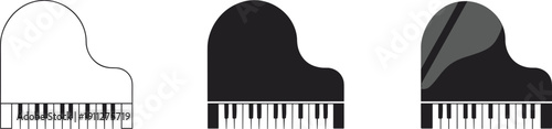 Set of three stylized grand piano illustrations arranged horizontally, showcasing outline, solid fill, and shaded designs with detailed keyboard elements