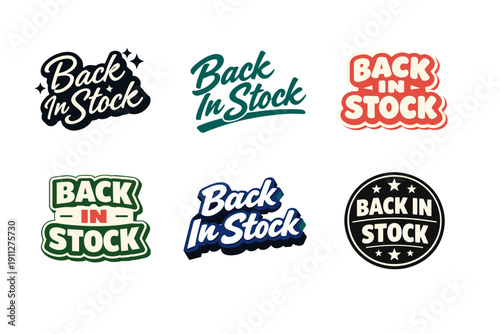 Variety of 'back in stock' text designs in different fonts and colors