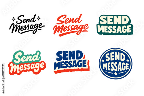 Collection of retro 'send message' text logos in various styles and colors