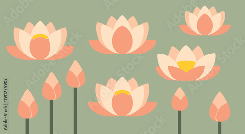 Flat illustration of flowers in full bloom displayed in a serene environment from a straightforward viewpoint