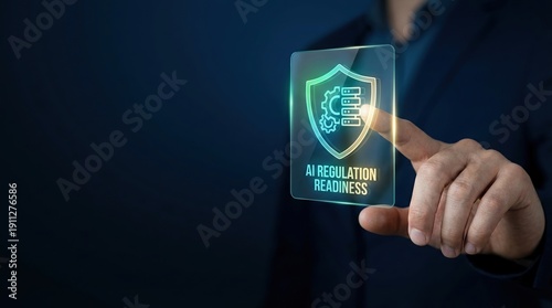AI Regulation Readiness, artificial intelligence, compliance, data governance, ethics, cyber security, shield on digital screen for corporate legal framework and technology safety.