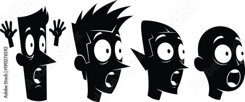 Cartoon shocked male face silhouettes with exaggerated expressions, black and white vector illustration isolated on white background