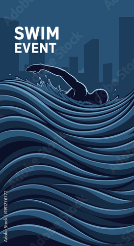 Dynamic Swimmer In Blue Waters With City Silhouette, Swim Event Promotional Illustration
