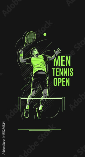 Dynamic Tennis Player in Action, Striking the Ball During a Men's Open Match Illustration