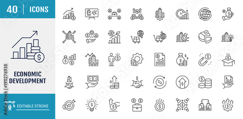 Economic development icon set. Includes finance, growth, investment, income, wealth, industry, trade, productivity and more. Outline icon set. Vector illustration with editable stroke