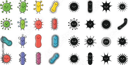 Cute cartoon bacteria and virus characters set, colorful and black silhouette microbes collection, microbiology vector illustration isolated background