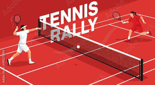 Dynamic Tennis Players Engaging In Vigorous Rally On A Court With Bold Visuals