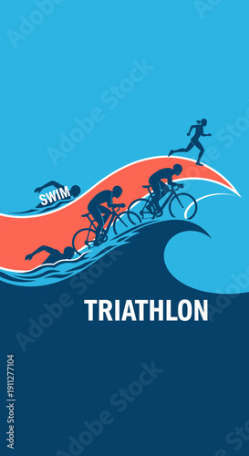 Dynamic Triathlon Illustration Showing Swimming Biking And Running Stages Of Competition