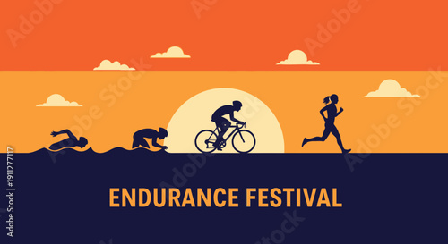 Dynamic Triathlon Event Scene With Athletes Competing Against Sunset