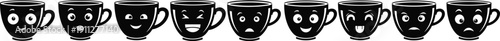 Cute coffee cup emoji set, cartoon teacup faces with different emotions isolated on white background vector illustration collection