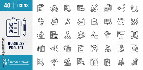 Business project icon set. Includes Business, planning, project, startup, marketing, strategy, succes, accounting, and more. Outline icon set. Vector illustration with editable stroke