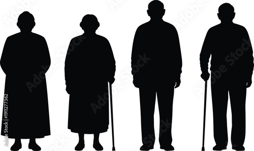 Elderly people silhouettes with walking cane, senior men and women standing isolated on white background black and white illustration