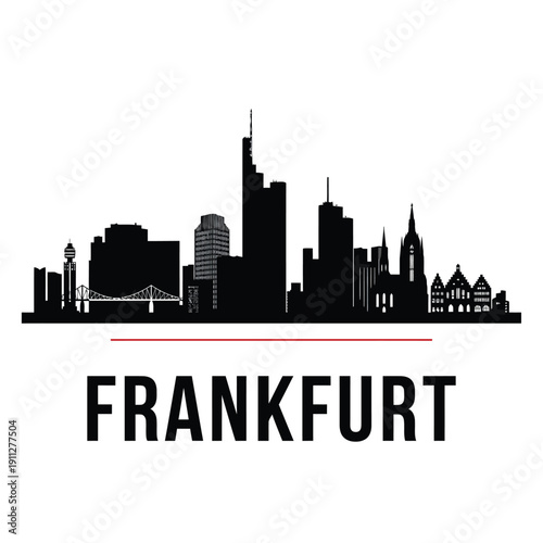 Frankfurt skyline depicted in a minimalist black silhouette with text