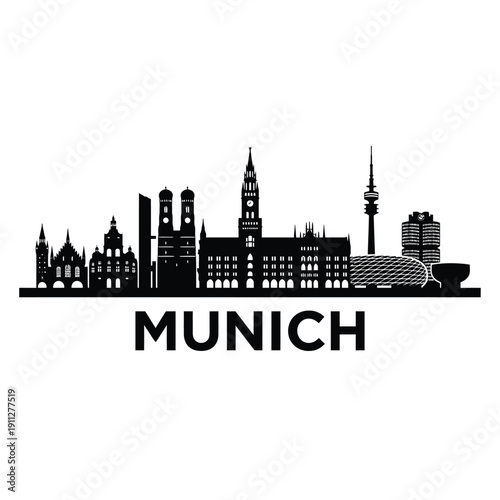 A striking black silhouette of the munich skyline with city name