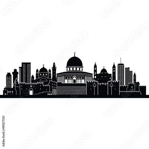 Black silhouette of a city skyline with prominent domes and buildings