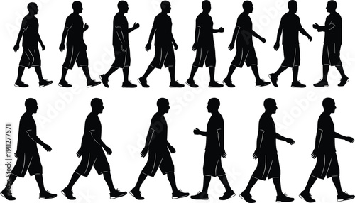 Man walking sequence silhouettes collection, male side view steps isolated on white background black vector illustration set