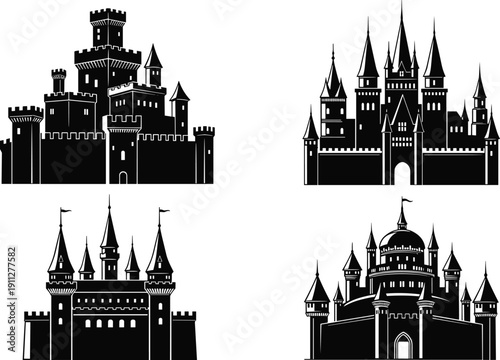 Medieval castle silhouettes collection with towers and turrets, black and white fortress architecture isolated on white background vector set