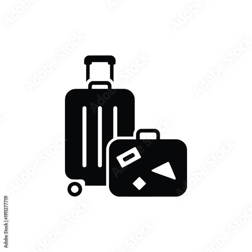 Black and white icon depicting a suitcase and a travel bag