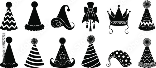 Party hat silhouettes collection, festive celebration caps black and white vector illustration isolated on white background set