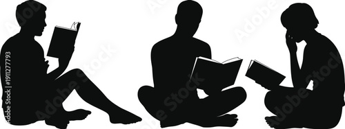 People reading books silhouettes, students sitting with open book isolated on white background black and white illustration