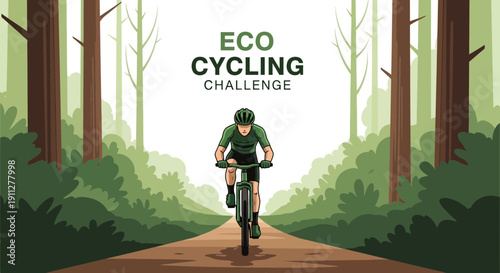 Eco Cycling Challenge: Cyclist Navigating Forest Trail Towards A Sustainable Goal