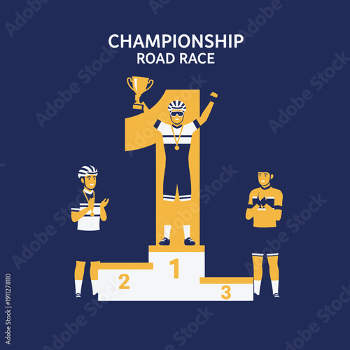 Elite Cyclists Celebrate Victory On Championship Podium With Trophy And Medals