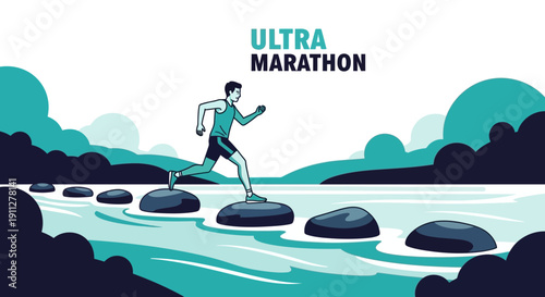 Endurance Runner Navigates Stepping Stones Across Water During Ultra Marathon Adventure
