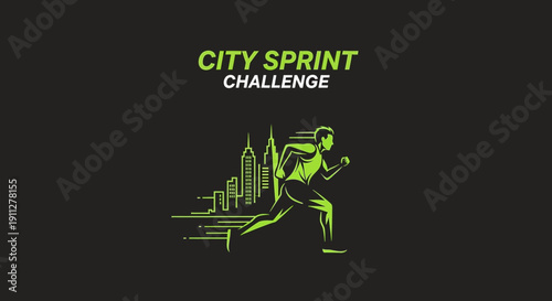 Energetic Athlete Sprinting Through Urban Landscape, City Race Silhouette Illustration
