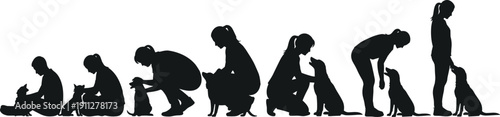 Woman training and caring dog silhouette set, female owner with puppy in different poses isolated vector illustration collection