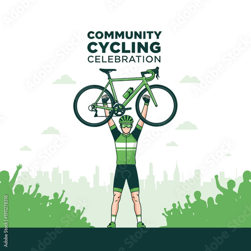 Energetic Cyclist Victoriously Holds Bicycle Above Crowd Celebrating Sport Community Fun