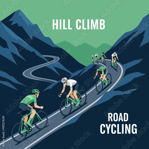 Energetic Cyclists Ascending Winding Mountain Road: A Vibrant Illustration of Endurance and Sport