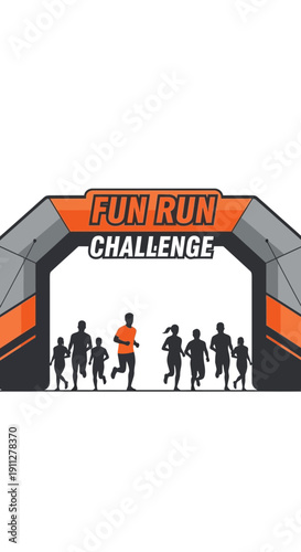Energetic Fun Run Challenge Silhouette Depicting Runners Passing Through An Archway Structure