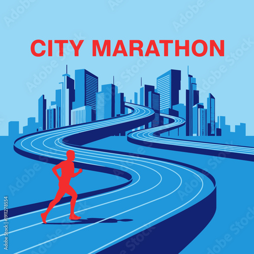Energetic Runner Navigates Winding City Marathon Track Amidst Modern Skyline