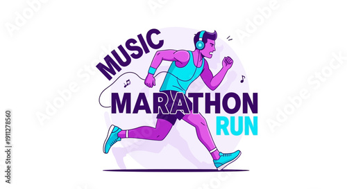 Energetic Runner With Headphones Enjoying Music During Marathon