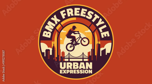 BMX Freestyle Urban Expression Cityscape and Rider Performing a Jump