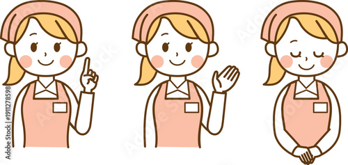 指差し・案内・お辞儀をする笑顔のスーパーマーケットの女性店員セット｜接客,受付,店員,サービス