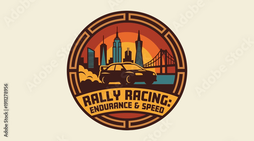Vintage Rally Racing Endurance and Speed Emblem with Cityscape