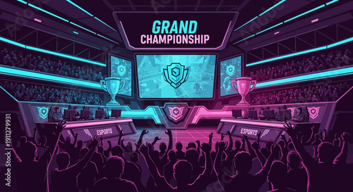 Esports Grand Championship Arena With Cheering Crowd And Trophies